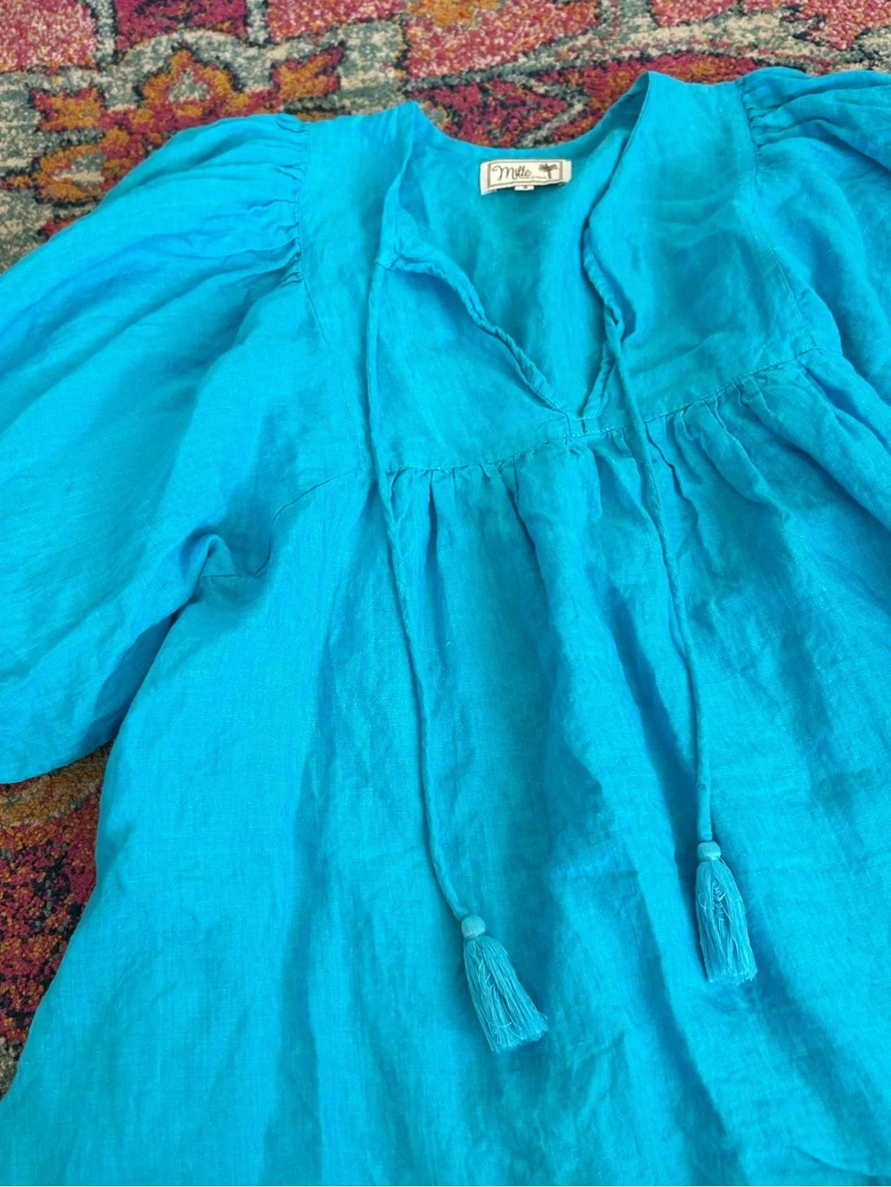 Mille | Women’s Teal Blue Linen Thalia V-Neck Tassel Tie Puff Sleeve Peasant Top